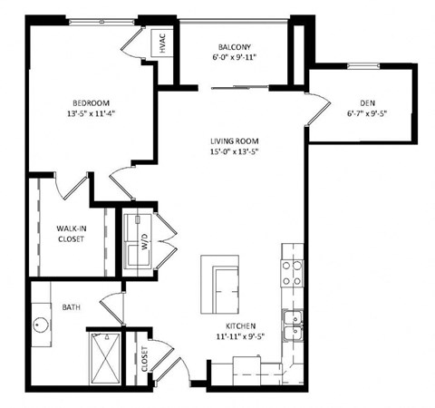 Floor plan for 1 bed, 1 bath, 982 sqft